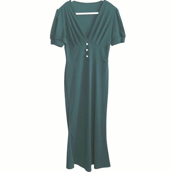Emerald Green long dress Retro glam style bodycon pleated faux pearl SZ Small - Picture 1 of 5